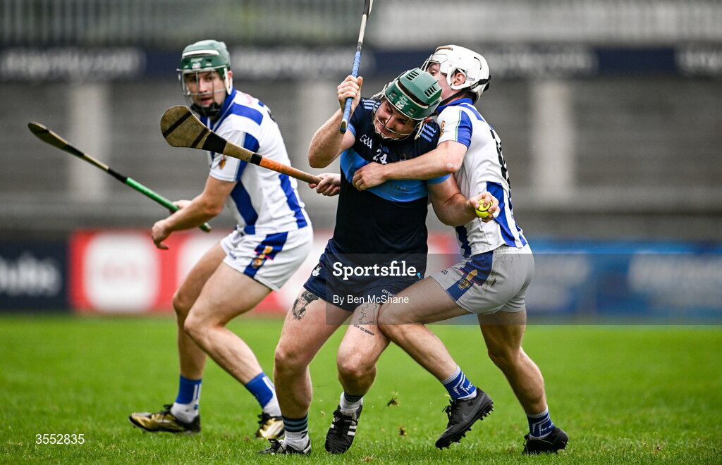 29 August 2026; Mark Maguire of St Jude's is tackled by Fiachra Codd of Ballyboden St Enda's during the PTSB Dublin Senior Club Hurling Championships Round 4 match between Ballyboden St Enda's and St Jude's at Parnell Park in Dublin. Photo by Ben McShane/Sportsfile