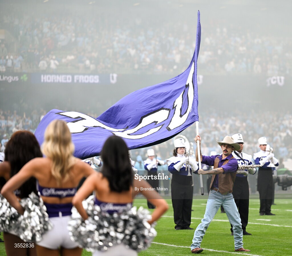 29 August 2026; TCU Flagbearer during the 2026 Aer Lingus College Football Classic match between TCU and North Carolina at the Aviva Stadium in Dublin. Photo by Brendan Moran/Sportsfile