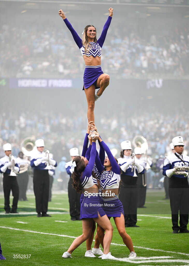 29 August 2026; TCU Cheerleaders perform during the 2026 Aer Lingus College Football Classic match between TCU and North Carolina at the Aviva Stadium in Dublin. Photo by Brendan Moran/Sportsfile