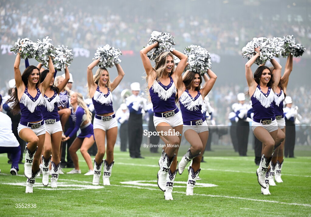 29 August 2026; TCU Cheerleaders perform during the 2026 Aer Lingus College Football Classic match between TCU and North Carolina at the Aviva Stadium in Dublin. Photo by Brendan Moran/Sportsfile