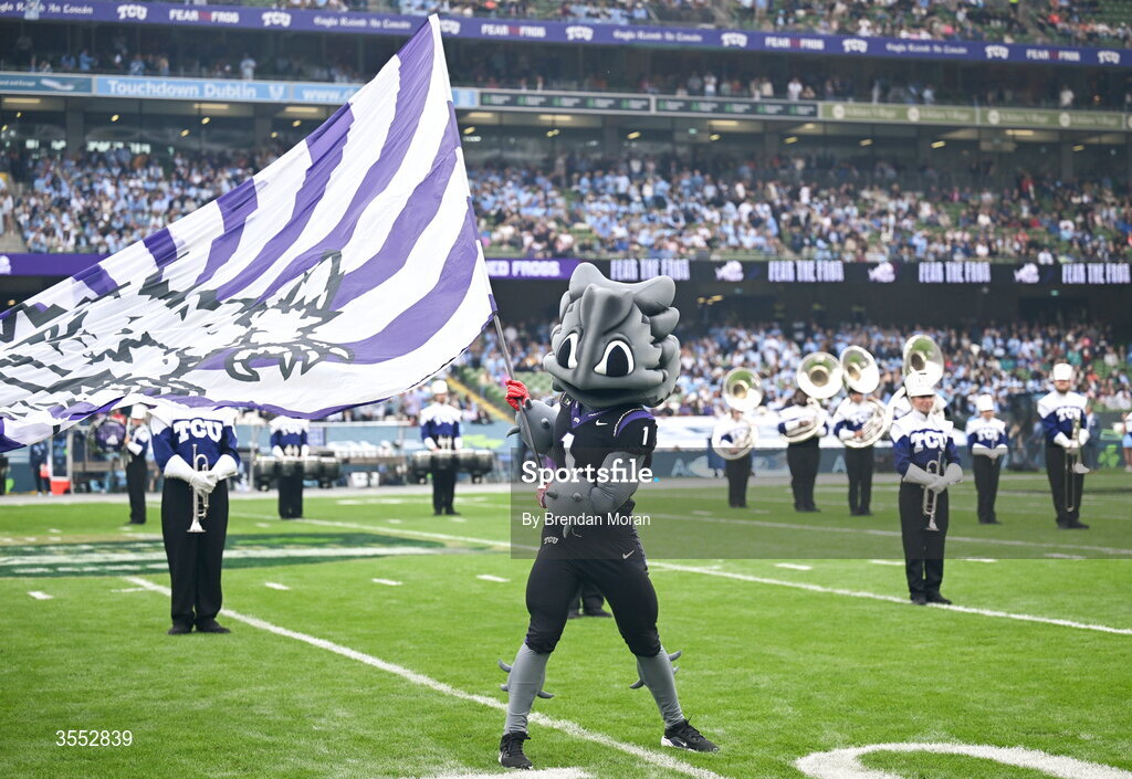 29 August 2026; TCU Mascot Superfrog before the 2026 Aer Lingus College Football Classic match between TCU and North Carolina at the Aviva Stadium in Dublin. Photo by Brendan Moran/Sportsfile