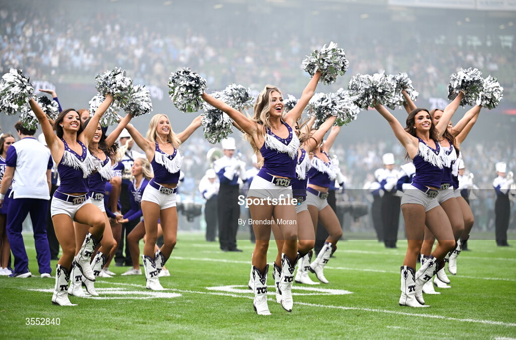 29 August 2026; TCU Cheerleaders perform during the 2026 Aer Lingus College Football Classic match between TCU and North Carolina at the Aviva Stadium in Dublin. Photo by Brendan Moran/Sportsfile