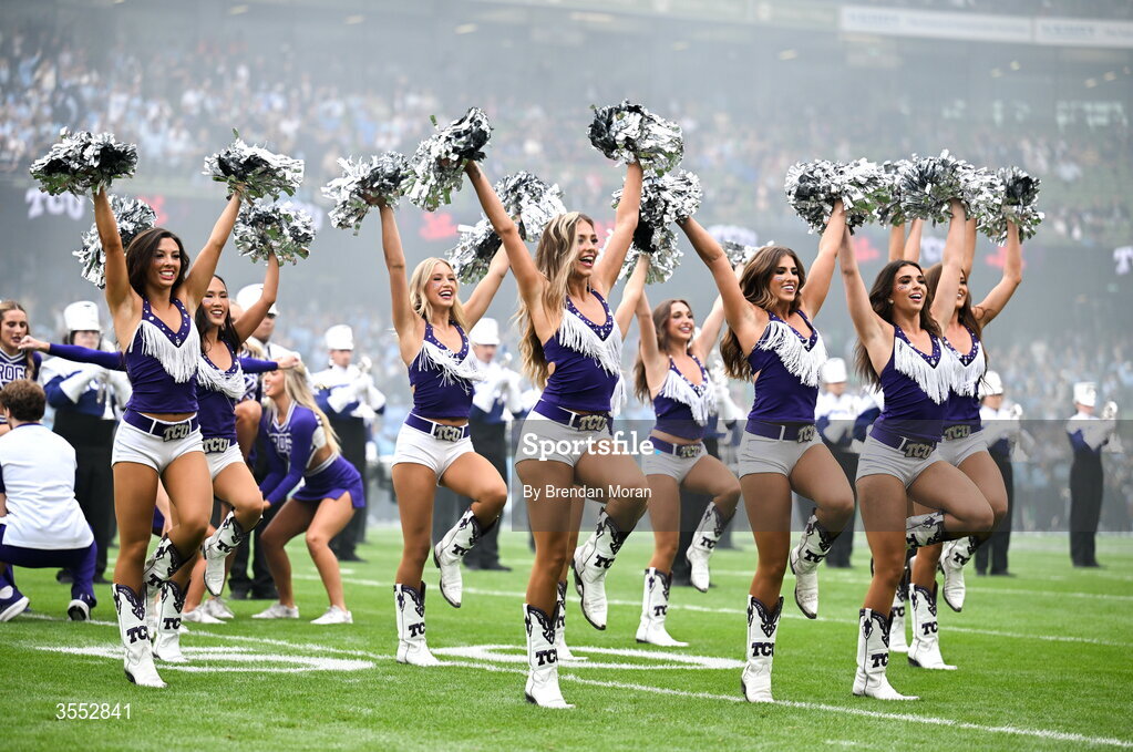 29 August 2026; TCU Cheerleaders perform during the 2026 Aer Lingus College Football Classic match between TCU and North Carolina at the Aviva Stadium in Dublin. Photo by Brendan Moran/Sportsfile