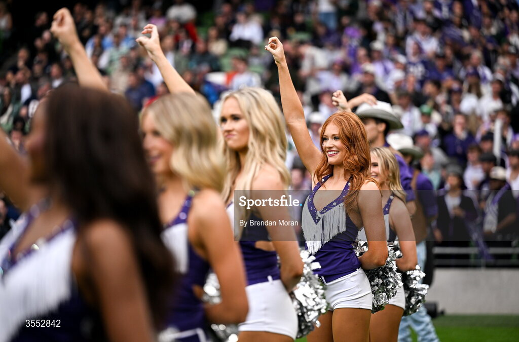 29 August 2026; TCU Cheerleaders perform during the 2026 Aer Lingus College Football Classic match between TCU and North Carolina at the Aviva Stadium in Dublin. Photo by Brendan Moran/Sportsfile