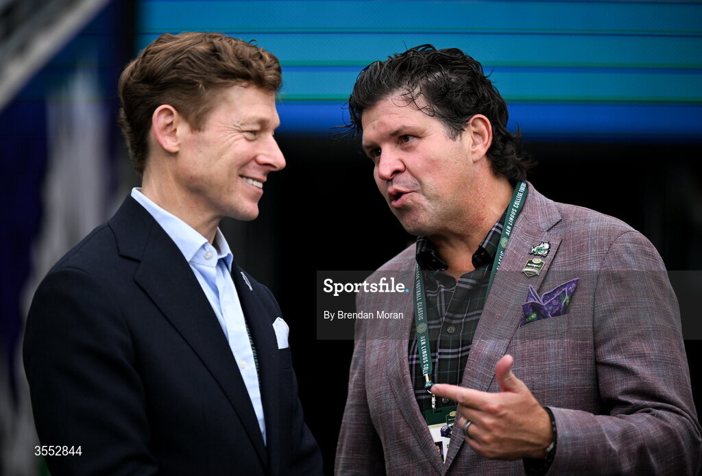 29 August 2026; North Carolina Chancellor Lee H. Roberts and TCU Chancellor Daniel W. Pullin before the 2026 Aer Lingus College Football Classic match between TCU and North Carolina at the Aviva Stadium in Dublin. Photo by Brendan Moran/Sportsfile