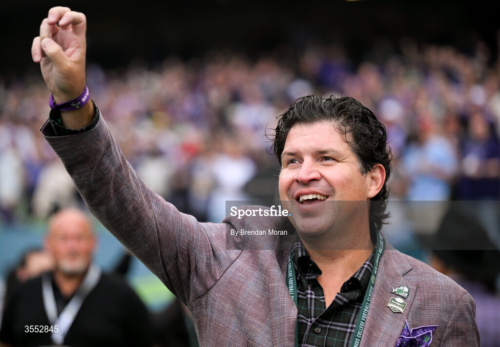 29 August 2026; TCU Chancellor Daniel W. Pullin before the 2026 Aer Lingus College Football Classic match between TCU and North Carolina at the Aviva Stadium in Dublin. Photo by Brendan Moran/Sportsfile