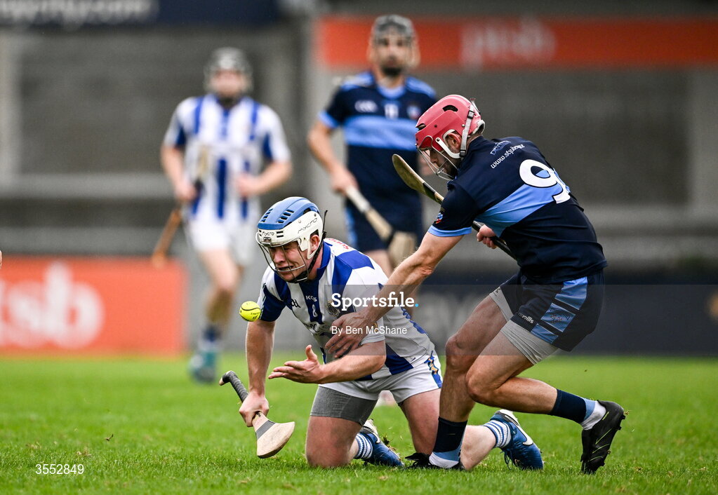 29 August 2026; Eoin Behan of Ballyboden St Enda's is tackled by Joe McManus of St Jude's during the PTSB Dublin Senior Club Hurling Championships Round 4 match between Ballyboden St Enda's and St Jude's at Parnell Park in Dublin. Photo by Ben McShane/Sportsfile