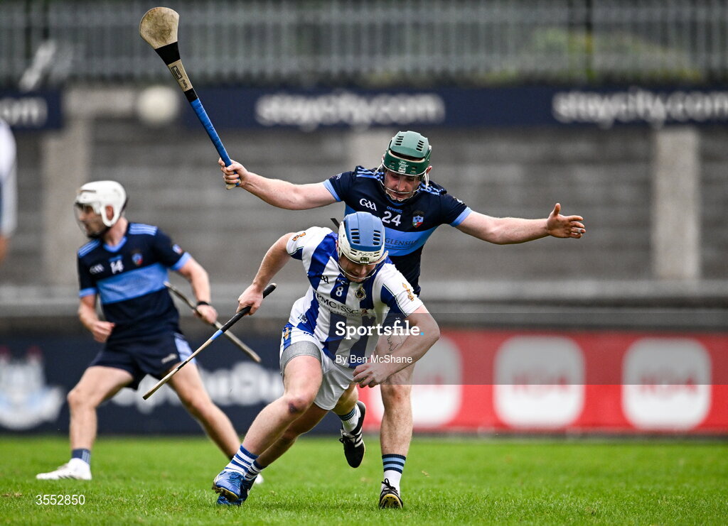 29 August 2026; Eoin Behan of Ballyboden St Enda's in action against Mark Maguire of St Jude's during the PTSB Dublin Senior Club Hurling Championships Round 4 match between Ballyboden St Enda's and St Jude's at Parnell Park in Dublin. Photo by Ben McShane/Sportsfile