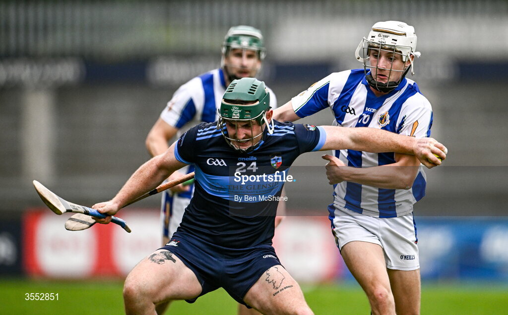 29 August 2026; Mark Maguire of St Jude's is tackled by Fiachra Codd of Ballyboden St Enda's during the PTSB Dublin Senior Club Hurling Championships Round 4 match between Ballyboden St Enda's and St Jude's at Parnell Park in Dublin. Photo by Ben McShane/Sportsfile