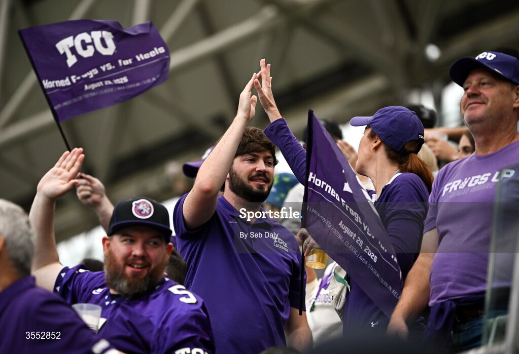 29 August 2026; TCU Supporters during the 2026 Aer Lingus College Football Classic match between TCU and North Carolina at the Aviva Stadium in Dublin. Photo by Seb Daly/Sportsfile