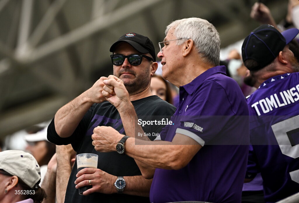 29 August 2026; TCU Supporters during the 2026 Aer Lingus College Football Classic match between TCU and North Carolina at the Aviva Stadium in Dublin. Photo by Seb Daly/Sportsfile