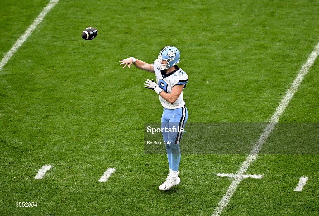 29 August 2026; North Carolina quarterback Billy Edwards Jr #9 during the 2026 Aer Lingus College Football Classic match between TCU and North Carolina at the Aviva Stadium in Dublin. Photo by Seb Daly/Sportsfile