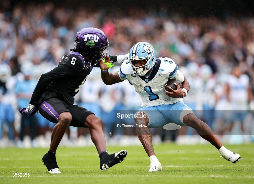 29 August 2026; North Carolina wide receiver Jordan Shipp #1 in action against TCU safety Kylin Jackson #6 during the 2026 Aer Lingus College Football Classic match between TCU and North Carolina at the Aviva Stadium in Dublin. Photo by Thomas Flinkow/Sportsfile