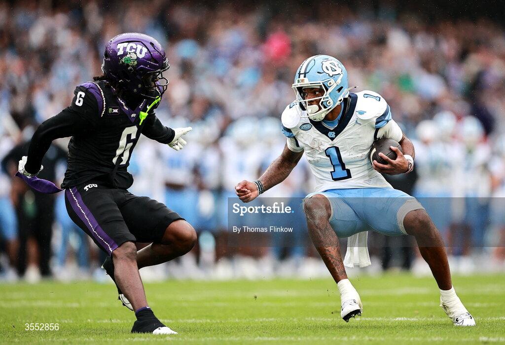 29 August 2026; North Carolina wide receiver Jordan Shipp #1 in action against TCU safety Kylin Jackson #6 during the 2026 Aer Lingus College Football Classic match between TCU and North Carolina at the Aviva Stadium in Dublin. Photo by Thomas Flinkow/Sportsfile
