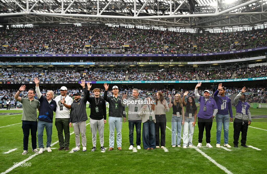 29 August 2026; GIFT Recognition during the 2026 Aer Lingus College Football Classic match between TCU and North Carolina at the Aviva Stadium in Dublin. Photo by Brendan Moran/Sportsfile