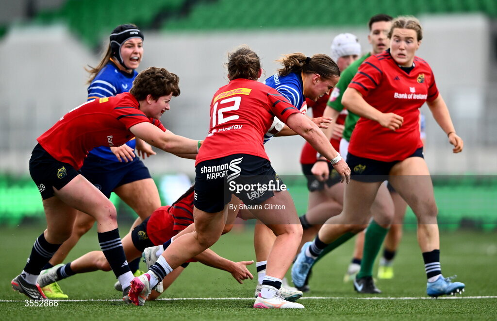 29 August 2026; Robyn O'Connor of Leinster is tackled by Caitríona Finn of Munster during the Vodafone Womens Interprovincial Championship final match between Munster and Leinster at Dexcom Stadium in Galway. Photo by Shauna Clinton/Sportsfile