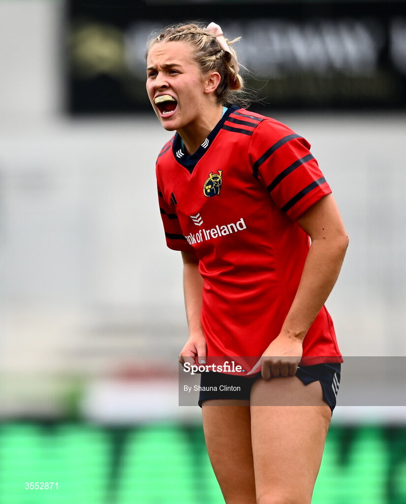 29 August 2026; Lucia Linn of Munster during the Vodafone Womens Interprovincial Championship final match between Munster and Leinster at Dexcom Stadium in Galway. Photo by Shauna Clinton/Sportsfile