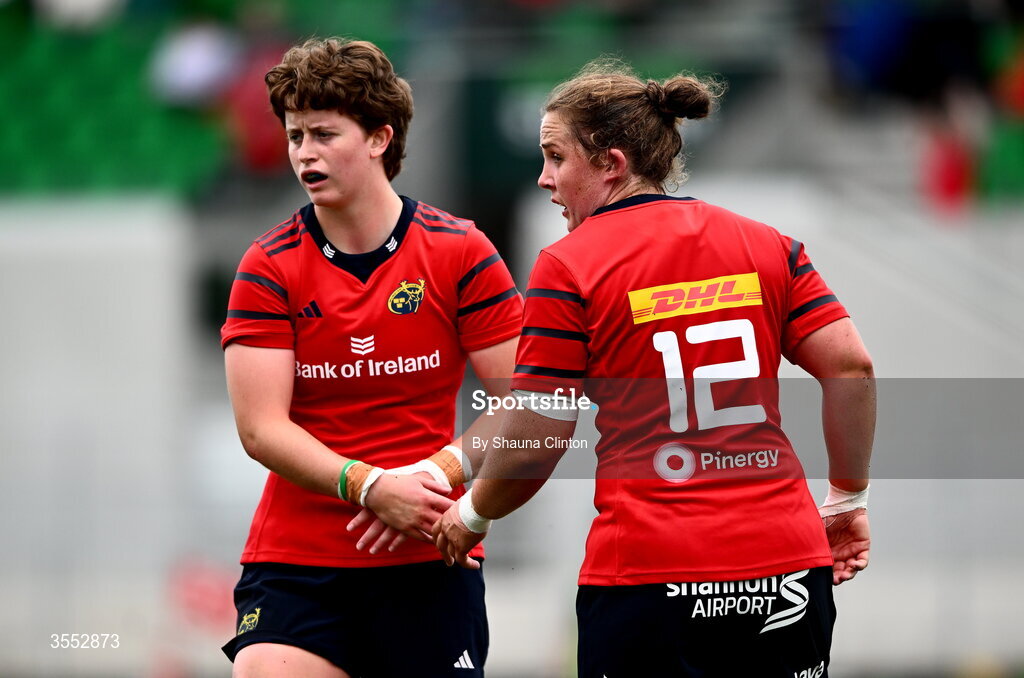 29 August 2026; Munster players Caitríona Finn, left, and Enya Breen during the Vodafone Womens Interprovincial Championship final match between Munster and Leinster at Dexcom Stadium in Galway. Photo by Shauna Clinton/Sportsfile