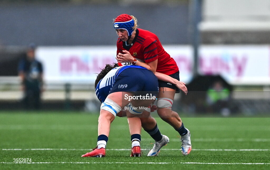 29 August 2026; Clodagh O’Halloran of Munster is tackled by Kathy Baker of Leinster during the Vodafone Womens Interprovincial Championship final match between Munster and Leinster at Dexcom Stadium in Galway. Photo by Tyler Miller/Sportsfile