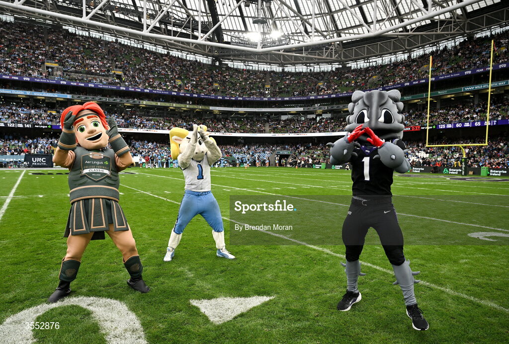 29 August 2026; Aer Lingus College Football Classic mascot Celtic The Brave, during the 2026 Aer Lingus College Football Classic match between TCU and North Carolina at the Aviva Stadium in Dublin. Photo by Brendan Moran/Sportsfile