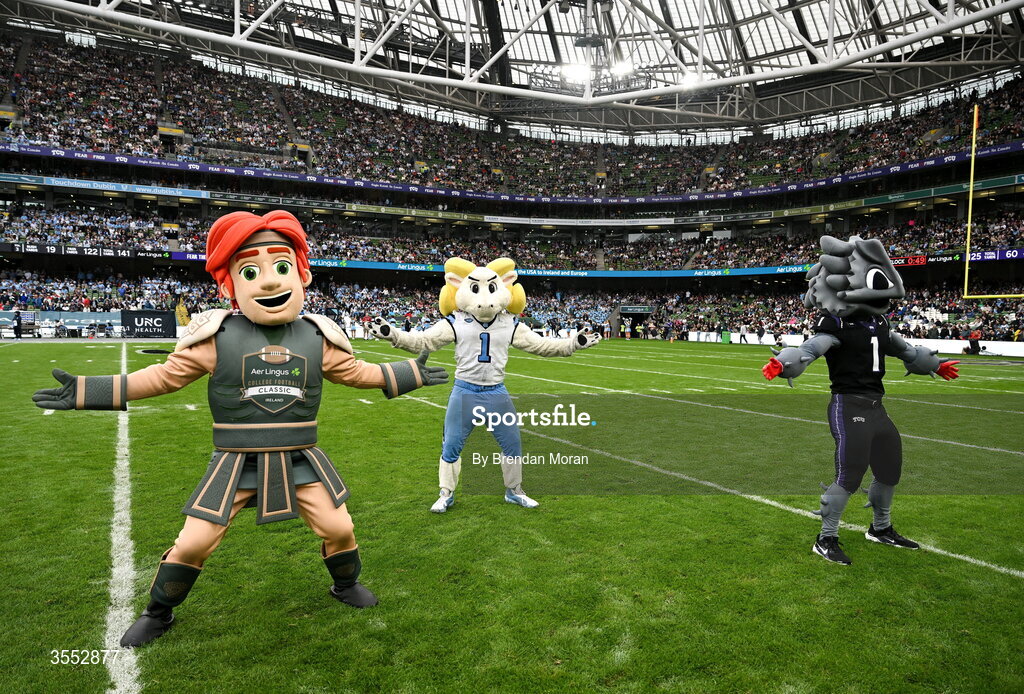 29 August 2026; Aer Lingus College Football Classic mascot Celtic The Brave, during the 2026 Aer Lingus College Football Classic match between TCU and North Carolina at the Aviva Stadium in Dublin. Photo by Brendan Moran/Sportsfile