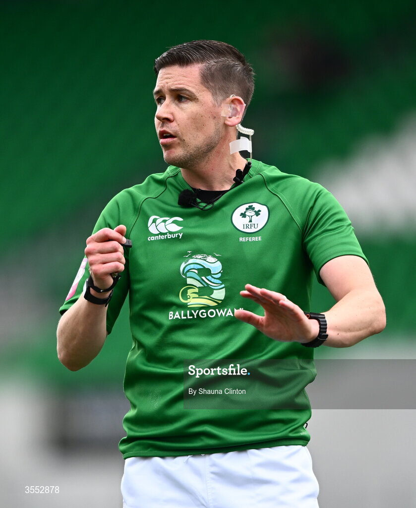 29 August 2026; Referee Andrew Fogarty during the Vodafone Womens Interprovincial Championship final match between Munster and Leinster at Dexcom Stadium in Galway. Photo by Shauna Clinton/Sportsfile