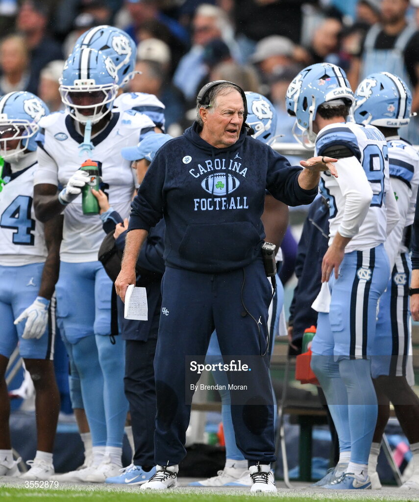 29 August 2026; North Carolina Head Coach Bill Belichick looks on during the 2026 Aer Lingus College Football Classic match between TCU and North Carolina at the Aviva Stadium in Dublin. Photo by Brendan Moran/Sportsfile