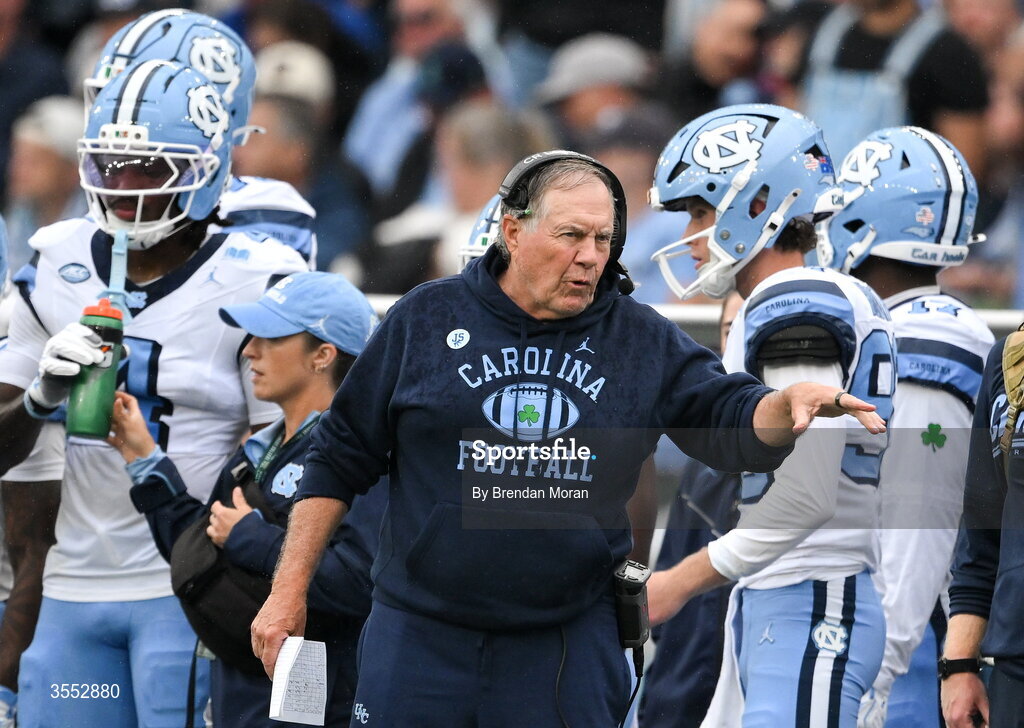 29 August 2026; North Carolina Head Coach Bill Belichick looks on during the 2026 Aer Lingus College Football Classic match between TCU and North Carolina at the Aviva Stadium in Dublin. Photo by Brendan Moran/Sportsfile