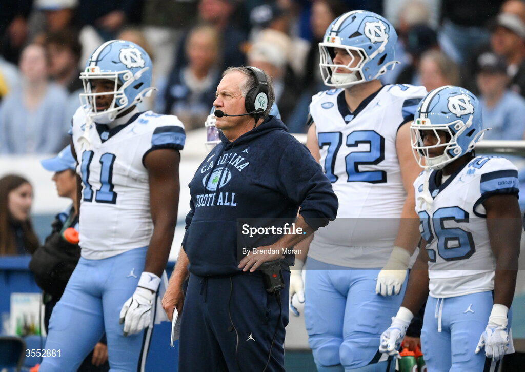 29 August 2026; North Carolina Head Coach Bill Belichick looks on during the 2026 Aer Lingus College Football Classic match between TCU and North Carolina at the Aviva Stadium in Dublin. Photo by Brendan Moran/Sportsfile