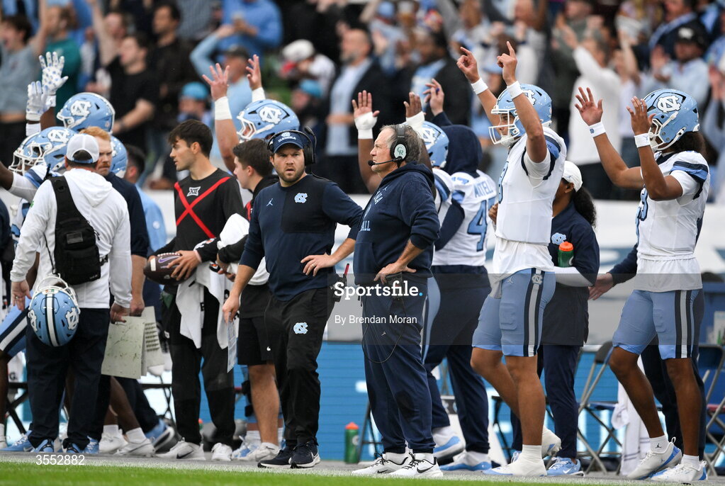 29 August 2026; North Carolina Head Coach Bill Belichick looks on during the 2026 Aer Lingus College Football Classic match between TCU and North Carolina at the Aviva Stadium in Dublin. Photo by Brendan Moran/Sportsfile