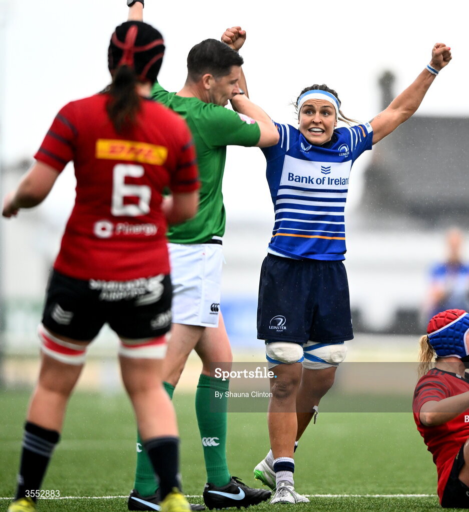 29 August 2026; Erin King of Leinster reacts during the Vodafone Womens Interprovincial Championship final match between Munster and Leinster at Dexcom Stadium in Galway. Photo by Shauna Clinton/Sportsfile