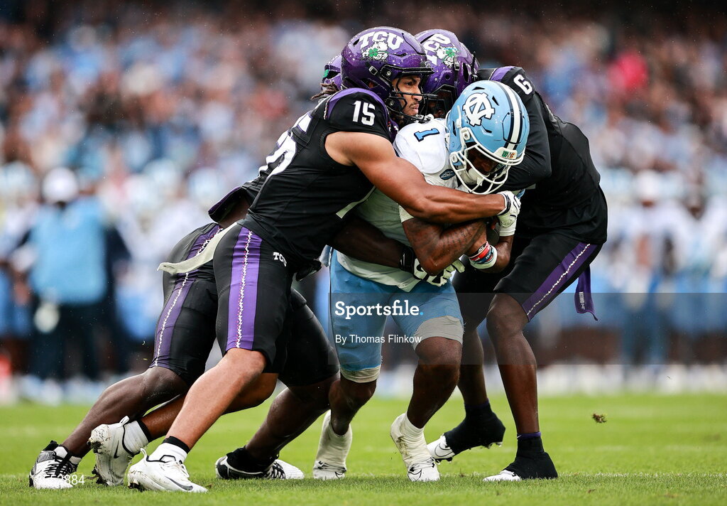 29 August 2026; North Carolina wide receiver Jordan Shipp #1 in action against TCU safety Devyn Hidrogo #15 during the 2026 Aer Lingus College Football Classic match between TCU and North Carolina at the Aviva Stadium in Dublin. Photo by Thomas Flinkow/Sportsfile