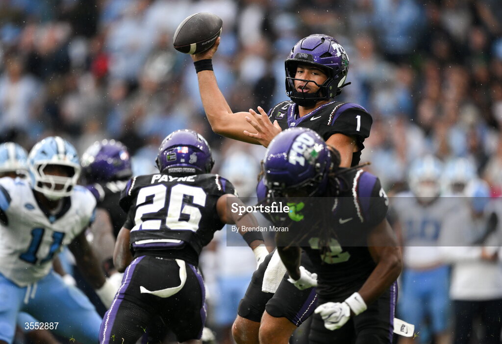 29 August 2026; TCU quarterback Jaden Craig #1 during the 2026 Aer Lingus College Football Classic match between TCU and North Carolina at the Aviva Stadium in Dublin. Photo by Brendan Moran/Sportsfile