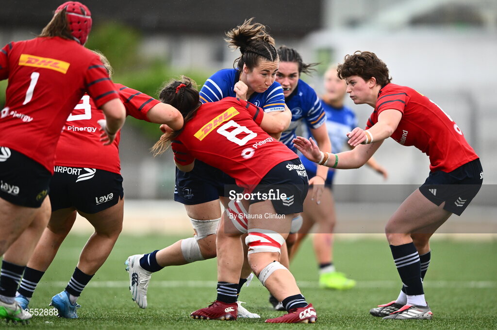 29 August 2026; Eve Higgins of Leinster in action against Maeve Óg O’Leary of Munster during the Vodafone Womens Interprovincial Championship final match between Munster and Leinster at Dexcom Stadium in Galway. Photo by Shauna Clinton/Sportsfile