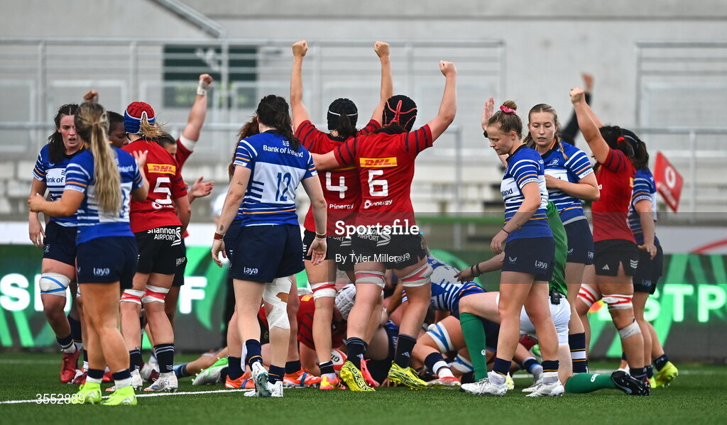 29 August 2026; Munster players celebrate after Beth Buttimer, hidden, scored their side's second try during the Vodafone Womens Interprovincial Championship final match between Munster and Leinster at Dexcom Stadium in Galway. Photo by Tyler Miller/Sportsfile