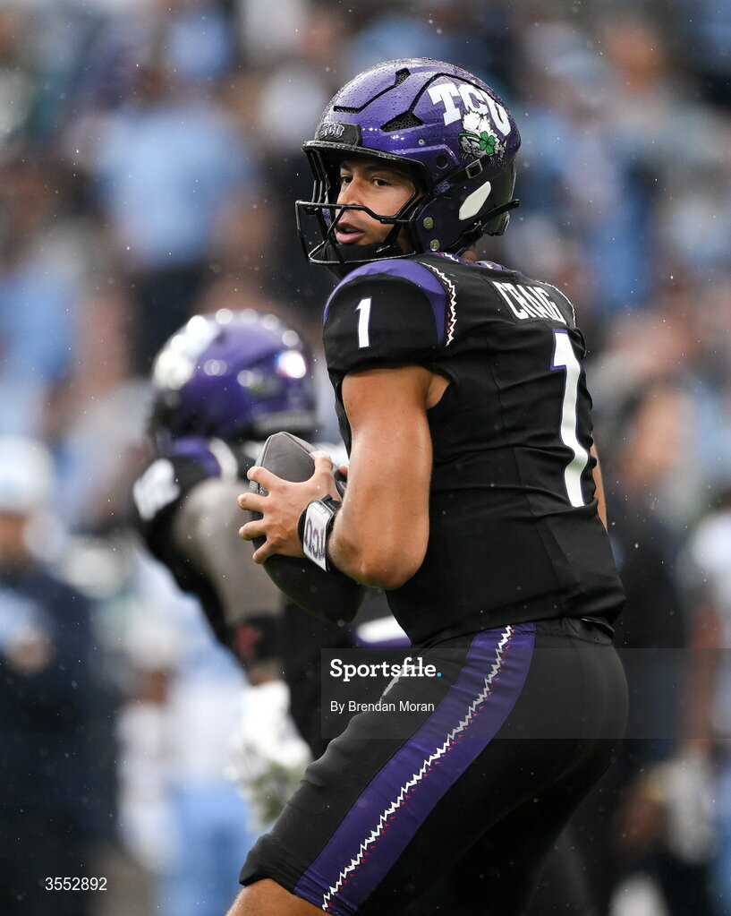 29 August 2026; TCU quarterback Jaden Craig #1 during the 2026 Aer Lingus College Football Classic match between TCU and North Carolina at the Aviva Stadium in Dublin. Photo by Brendan Moran/Sportsfile