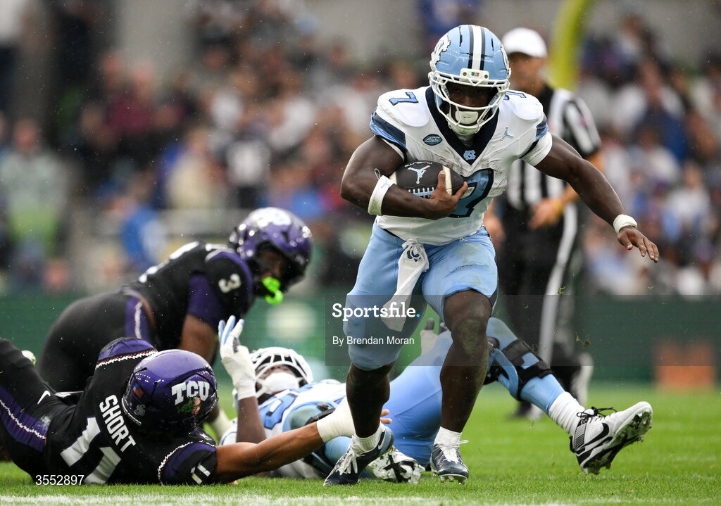 29 August 2026; North Carolina running back Benjamin Hall #7 makes a break during the 2026 Aer Lingus College Football Classic match between TCU and North Carolina at the Aviva Stadium in Dublin. Photo by Brendan Moran/Sportsfile
