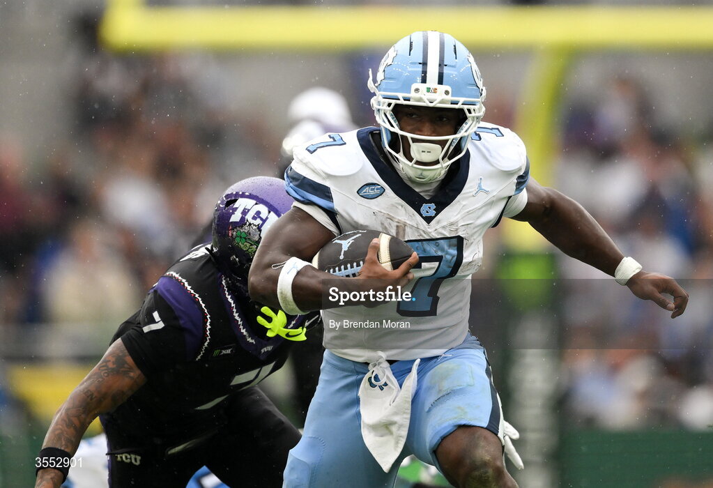 29 August 2026; North Carolina running back Benjamin Hall #7 makes a break during the 2026 Aer Lingus College Football Classic match between TCU and North Carolina at the Aviva Stadium in Dublin. Photo by Brendan Moran/Sportsfile