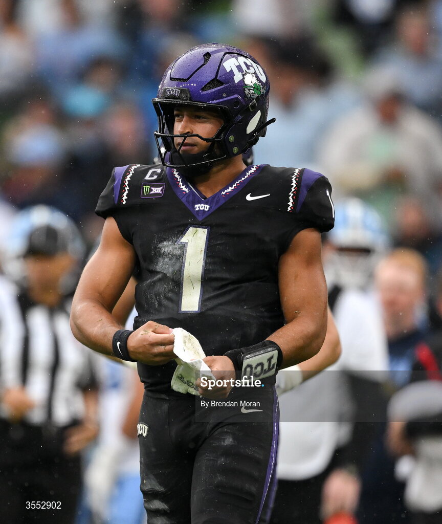 29 August 2026; TCU quarterback Jaden Craig #1 during the 2026 Aer Lingus College Football Classic match between TCU and North Carolina at the Aviva Stadium in Dublin. Photo by Brendan Moran/Sportsfile