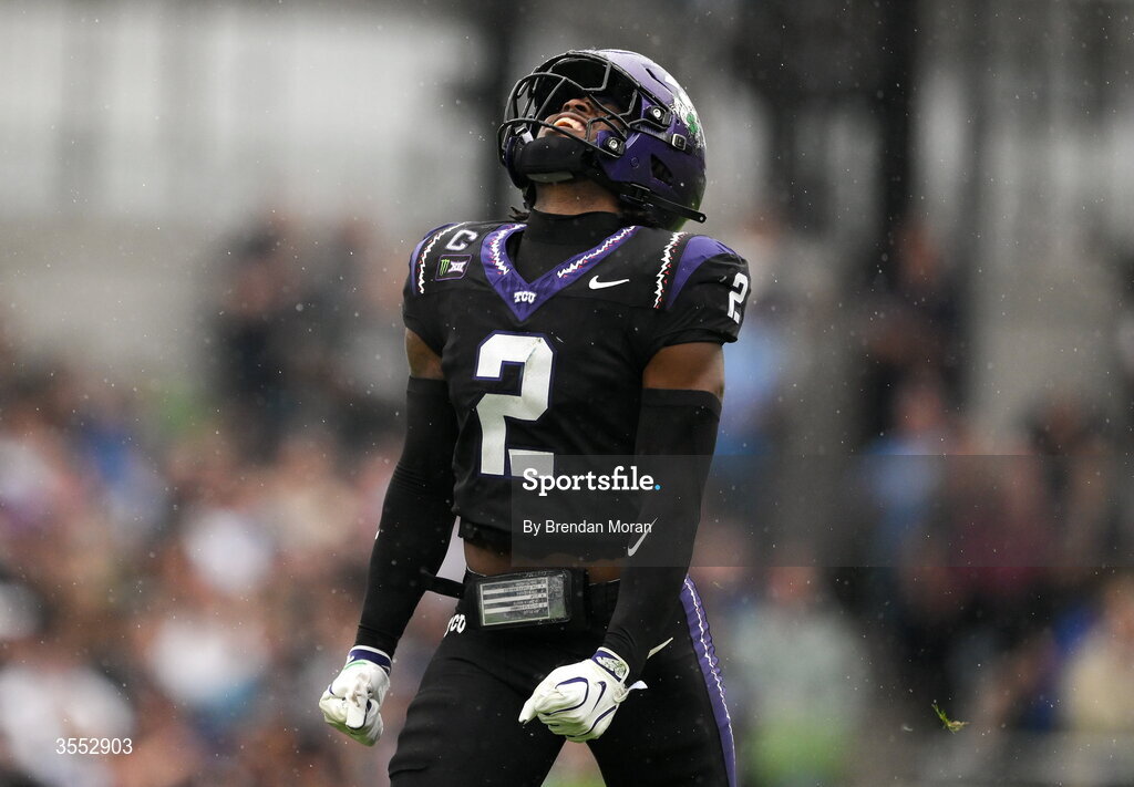 29 August 2026; TCU safety Jamel Johnson #2 reacts after missing an interception during the 2026 Aer Lingus College Football Classic match between TCU and North Carolina at the Aviva Stadium in Dublin. Photo by Brendan Moran/Sportsfile