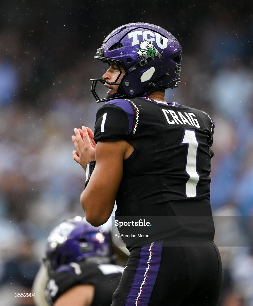 29 August 2026; TCU quarterback Jaden Craig #1 during the 2026 Aer Lingus College Football Classic match between TCU and North Carolina at the Aviva Stadium in Dublin. Photo by Brendan Moran/Sportsfile