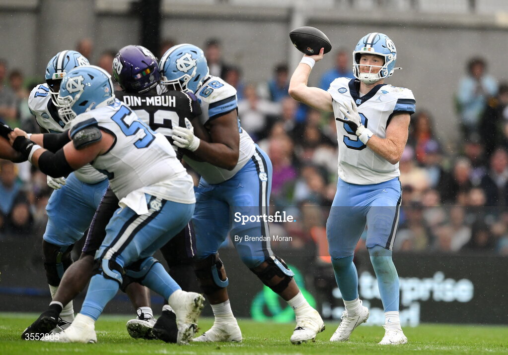 29 August 2026; North Carolina quarterback Billy Edwards Jr #9 throws a pass during the 2026 Aer Lingus College Football Classic match between TCU and North Carolina at the Aviva Stadium in Dublin. Photo by Brendan Moran/Sportsfile