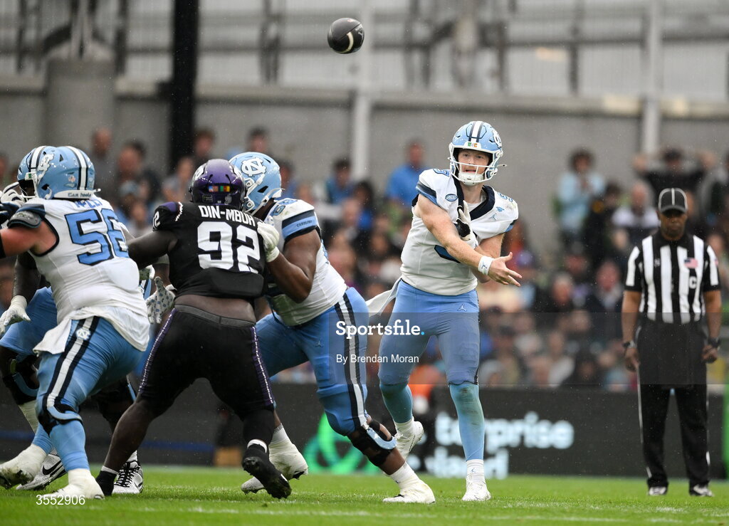29 August 2026; North Carolina quarterback Billy Edwards Jr #9 throws a pass during the 2026 Aer Lingus College Football Classic match between TCU and North Carolina at the Aviva Stadium in Dublin. Photo by Brendan Moran/Sportsfile
