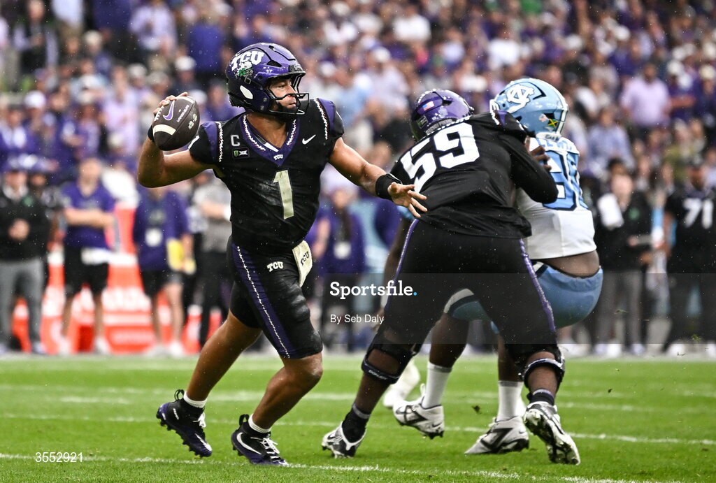29 August 2026; TCU quarterback Jaden Craig #1 throws a pass during the 2026 Aer Lingus College Football Classic match between TCU and North Carolina at the Aviva Stadium in Dublin. Photo by Seb Daly/Sportsfile