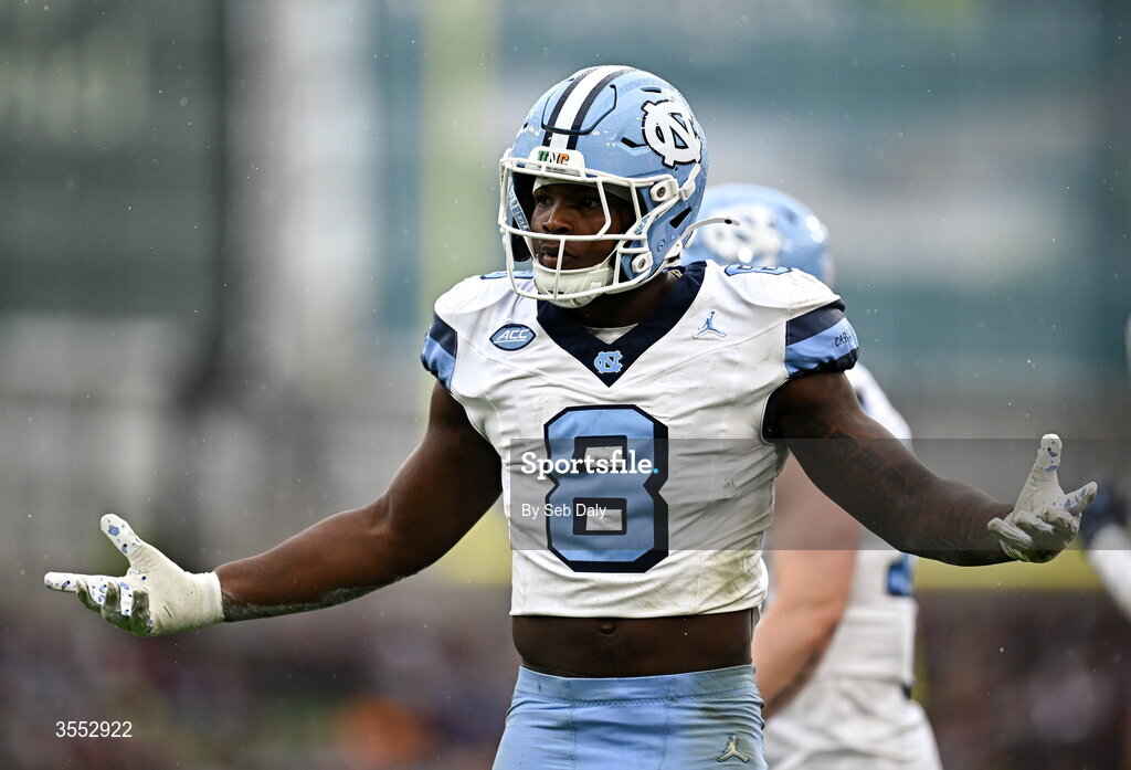 29 August 2026; North Carolina linebacker Jonathan Agumadu #8 reacts after making a tackle during the 2026 Aer Lingus College Football Classic match between TCU and North Carolina at the Aviva Stadium in Dublin. Photo by Seb Daly/Sportsfile