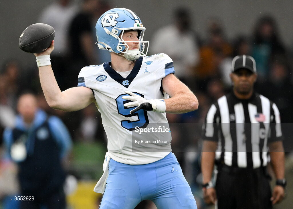 29 August 2026; North Carolina quarterback Billy Edwards Jr #9 throws a pass during the 2026 Aer Lingus College Football Classic match between TCU and North Carolina at the Aviva Stadium in Dublin. Photo by Brendan Moran/Sportsfile