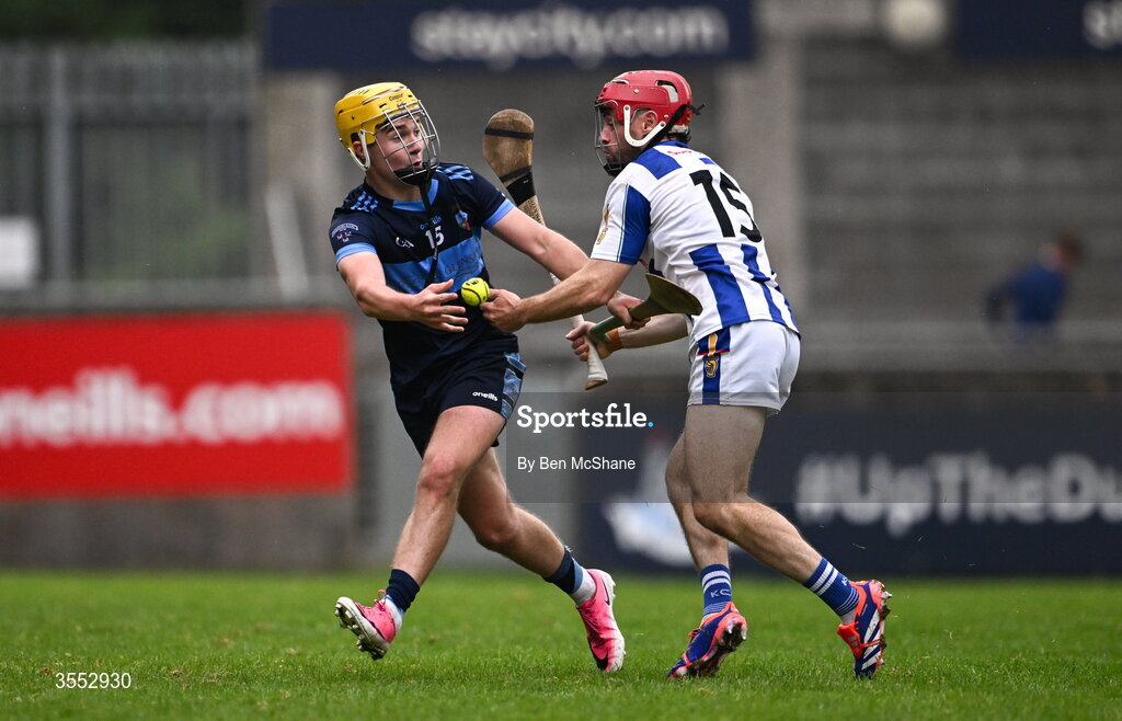29 August 2026; Cathal Martin of St Jude's passes under pressure from Niall McMorrow of Ballyboden St Enda's during the PTSB Dublin Senior Club Hurling Championships Round 4 match between Ballyboden St Enda's and St Jude's at Parnell Park in Dublin. Photo by Ben McShane/Sportsfile