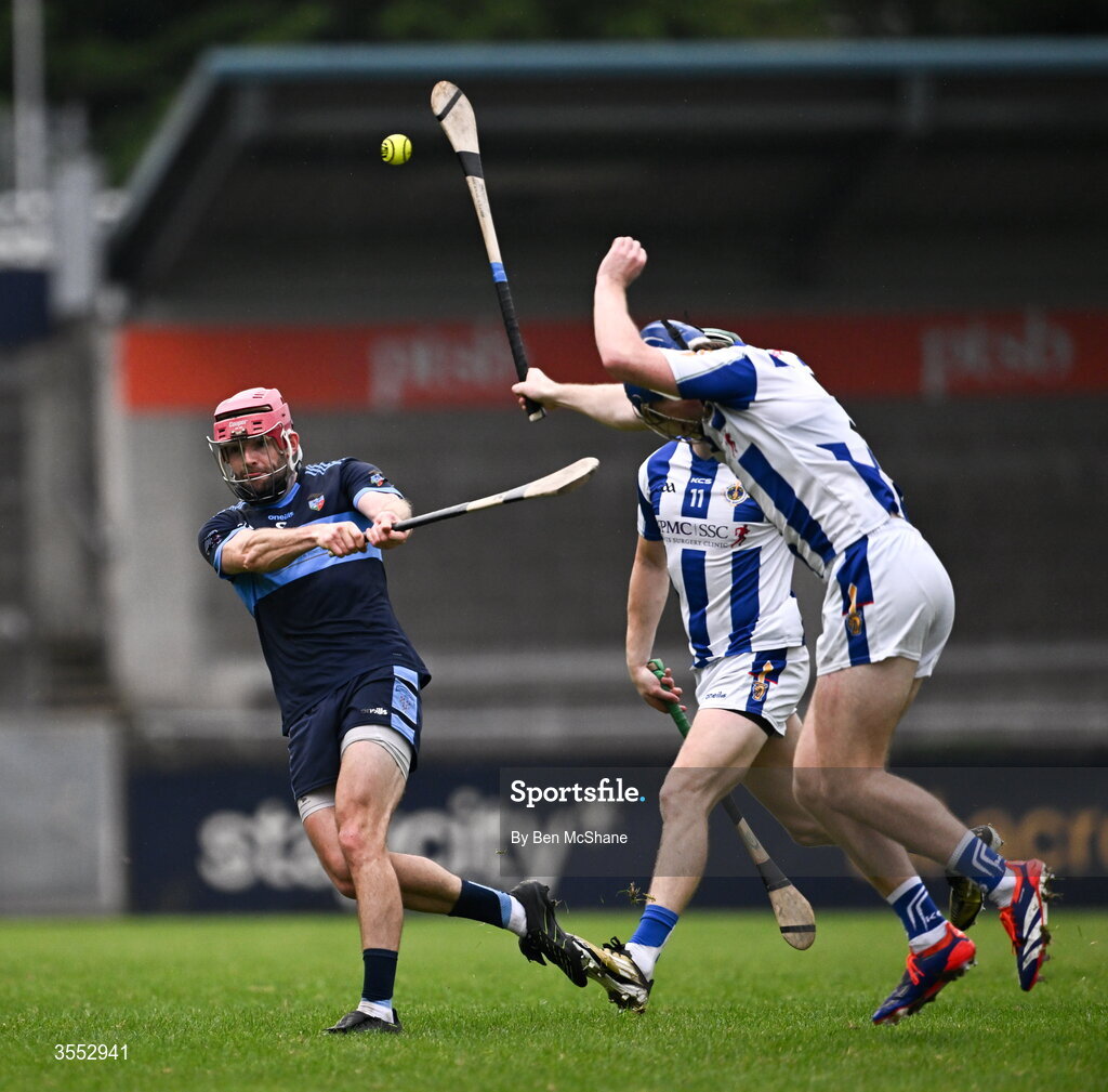 29 August 2026; Joe McManus of St Jude's is blocked by Darragh Durkin of Ballyboden St Enda's during the PTSB Dublin Senior Club Hurling Championships Round 4 match between Ballyboden St Enda's and St Jude's at Parnell Park in Dublin. Photo by Ben McShane/Sportsfile