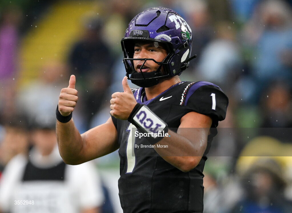29 August 2026; TCU quarterback Jaden Craig #1 reacts during the 2026 Aer Lingus College Football Classic match between TCU and North Carolina at the Aviva Stadium in Dublin. Photo by Brendan Moran/Sportsfile