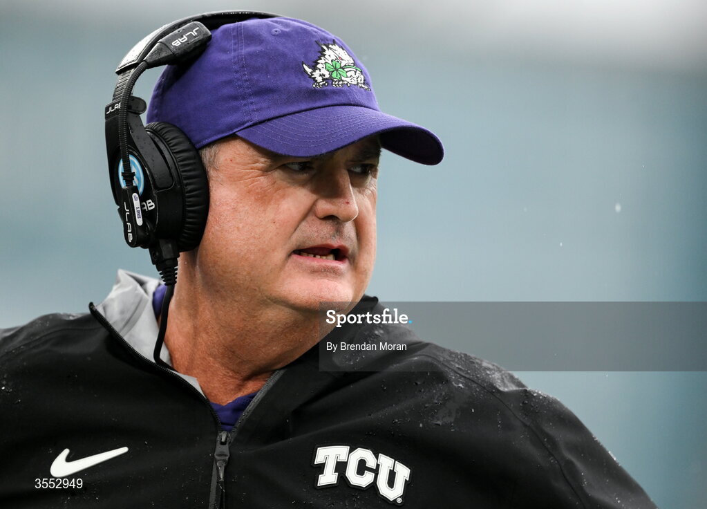 29 August 2026; TCU head coach Sonny Dykes during the 2026 Aer Lingus College Football Classic match between TCU and North Carolina at the Aviva Stadium in Dublin. Photo by Brendan Moran/Sportsfile